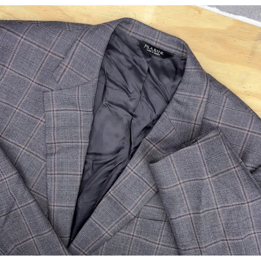 Jos A Bank Wool Sport Coat Blazer Gray Brown Windowpane Plaid Size 46L